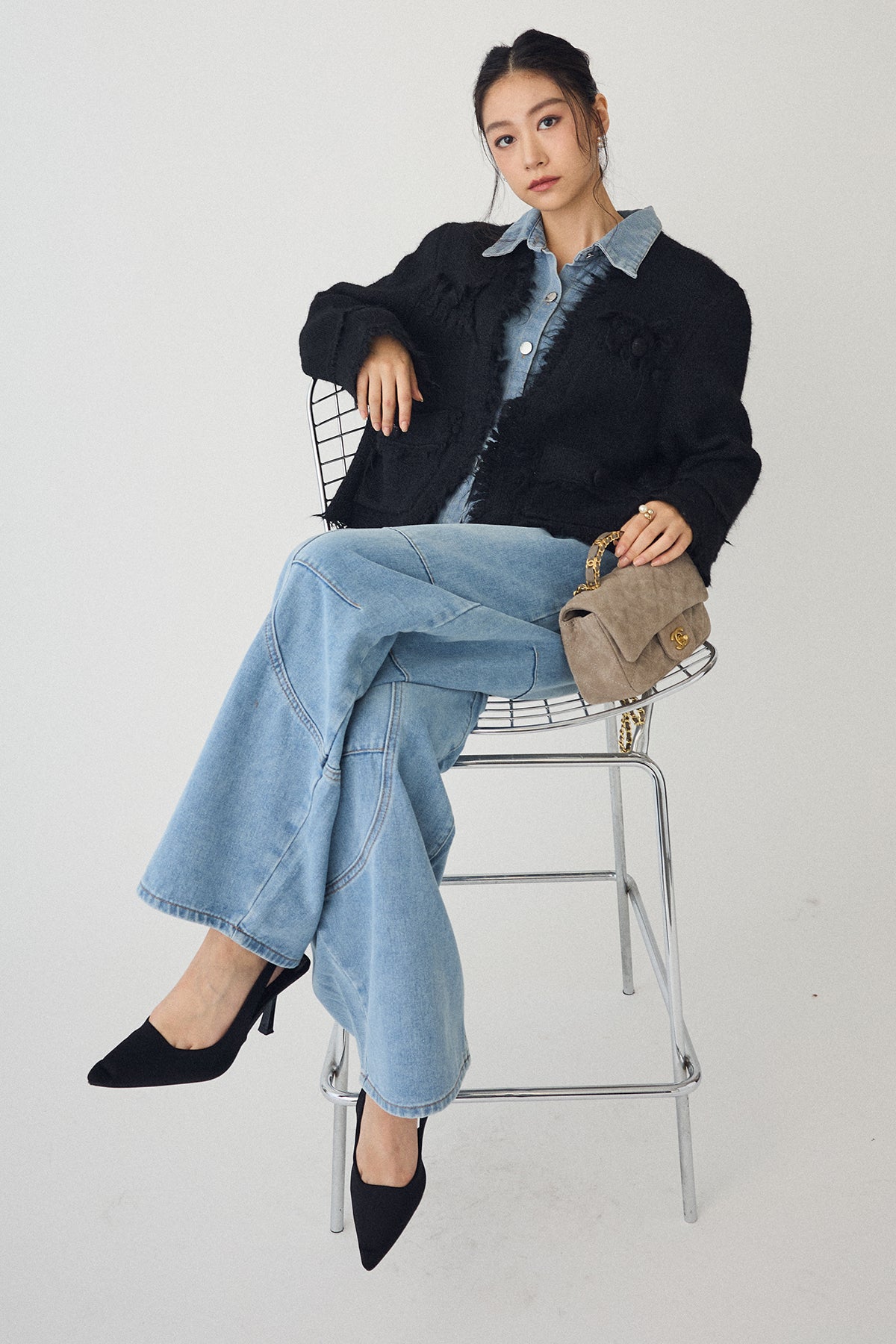 予約/SET]デニムシャツドッキングツイードカーデ+ステッチ美ライン