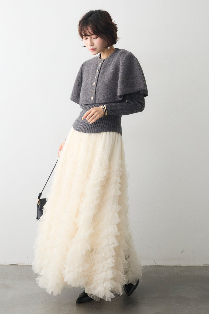[予約/SET]ミックス釦ケープ2wayニット+スフレアシメチュールスカート(2set)