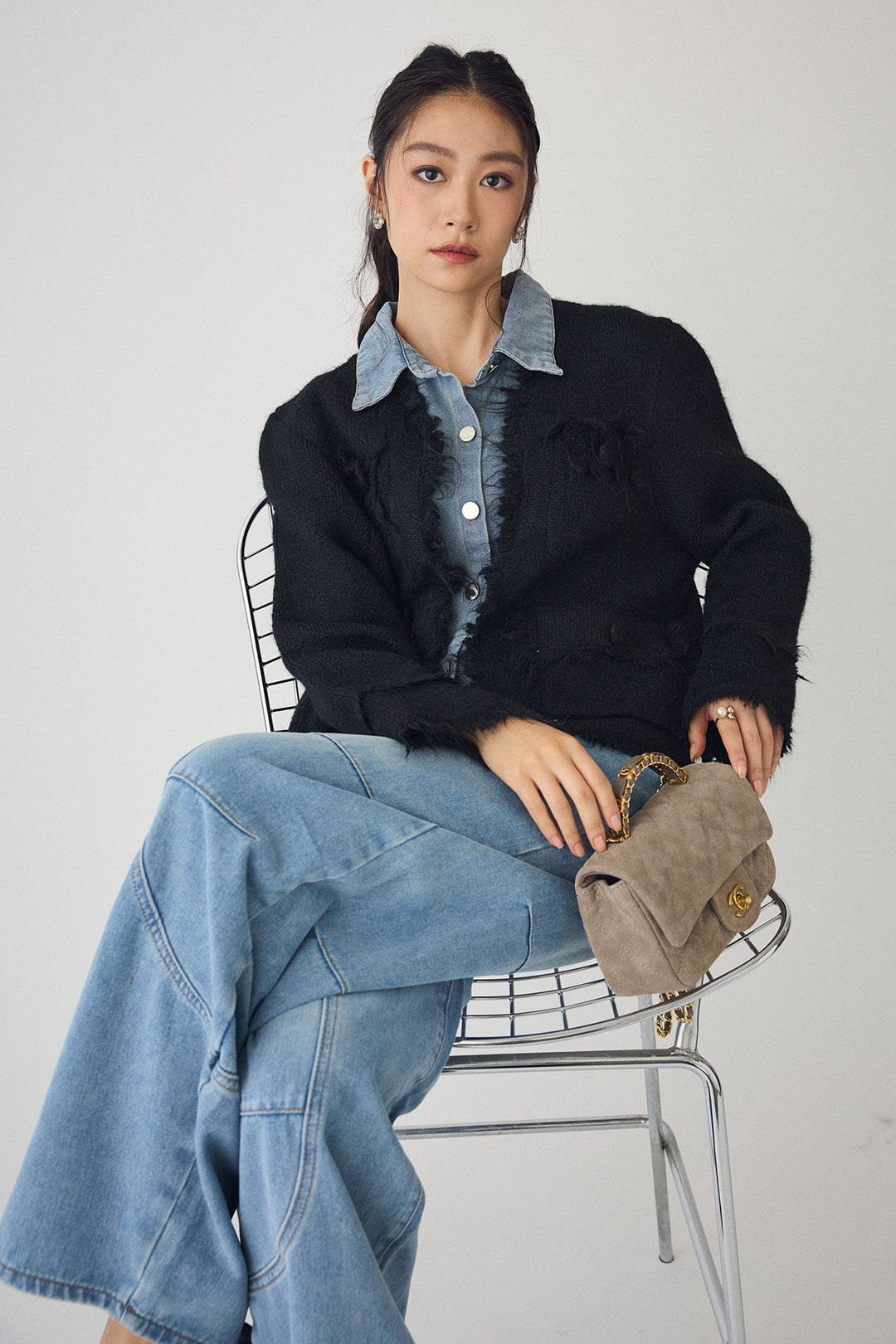 [予約/SET]デニムシャツドッキングツイードカーデ+ステッチ美ラインカーブデニムパンツ(2set)