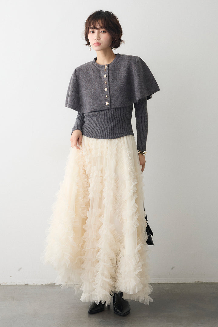 [予約/SET]ミックス釦ケープ2wayニット+スフレアシメチュールスカート(2set)