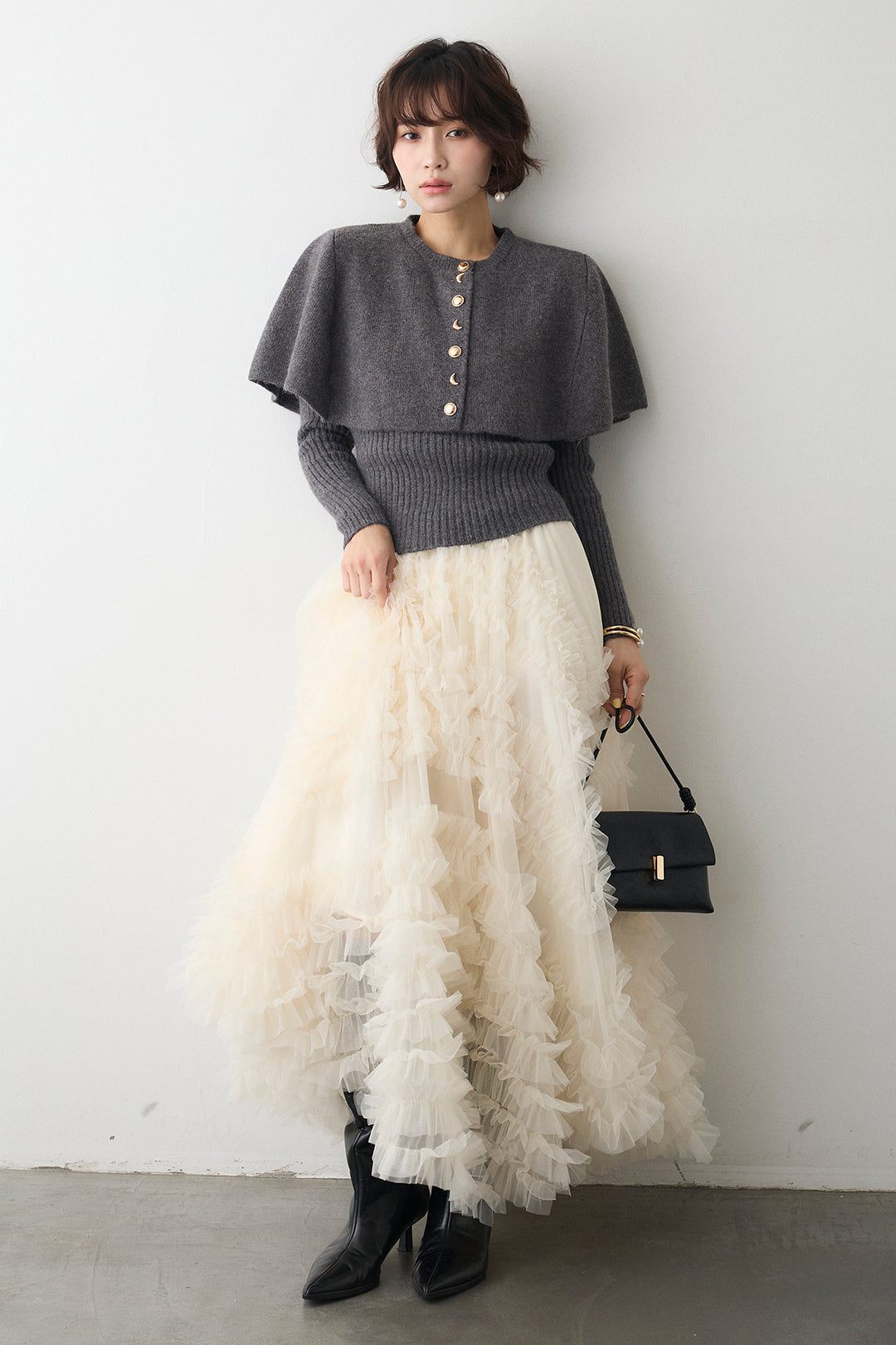 [予約/SET]ミックス釦ケープ2wayニット+スフレアシメチュールスカート(2set)