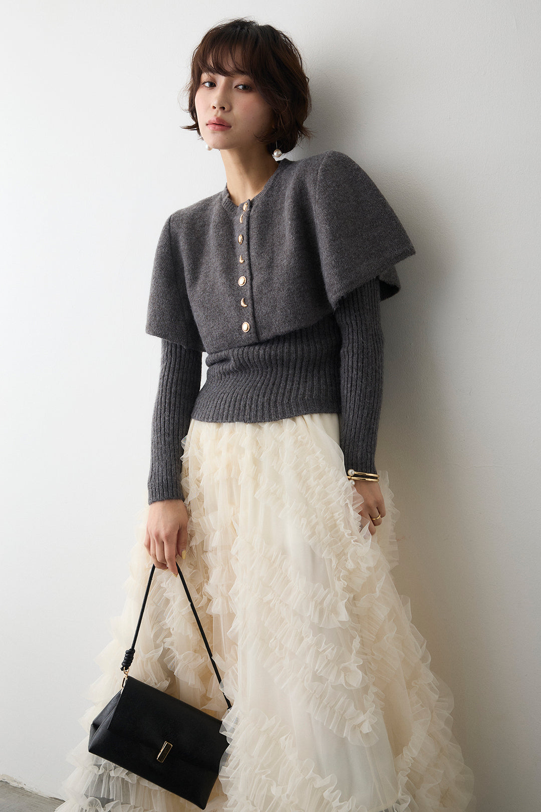 [予約]ミックス釦ケープ2wayニット