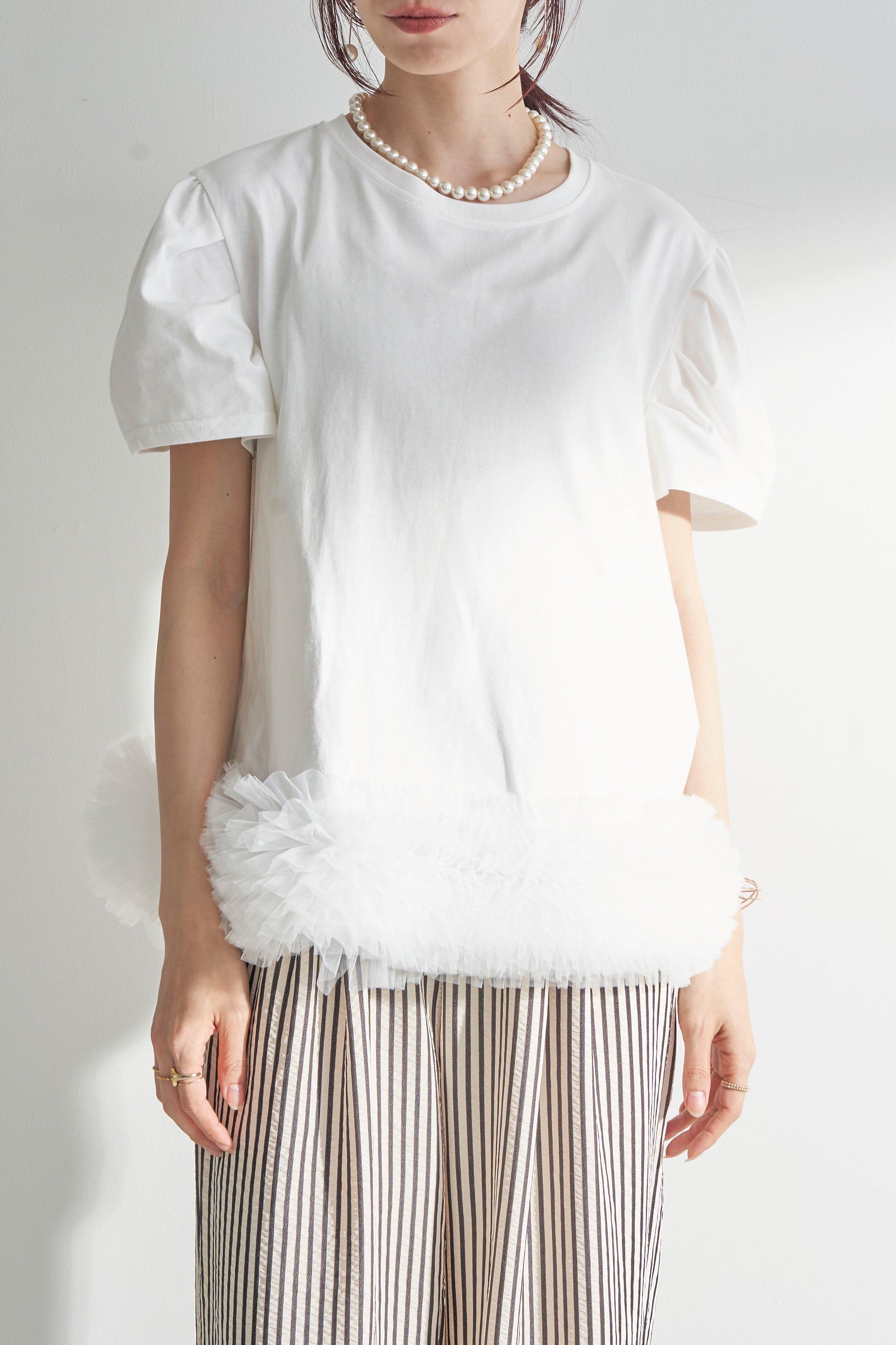 チュールヘムドッキングTシャツ　ブラック　frene 予約]チュールヘムドッキングTシャツ – Frene