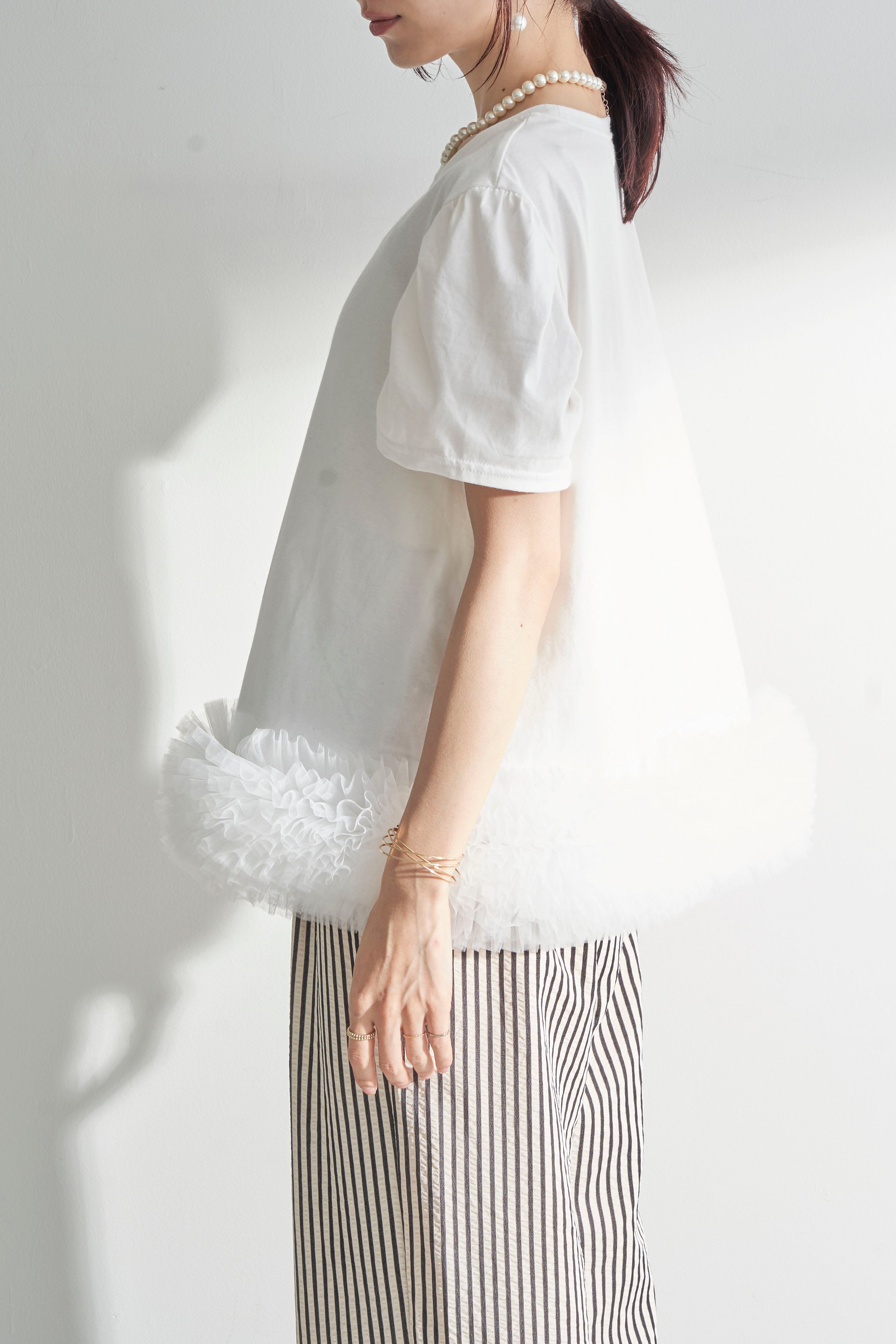 チュールヘムドッキングTシャツ　ブラック　frene 予約]チュールヘムドッキングTシャツ – Frene