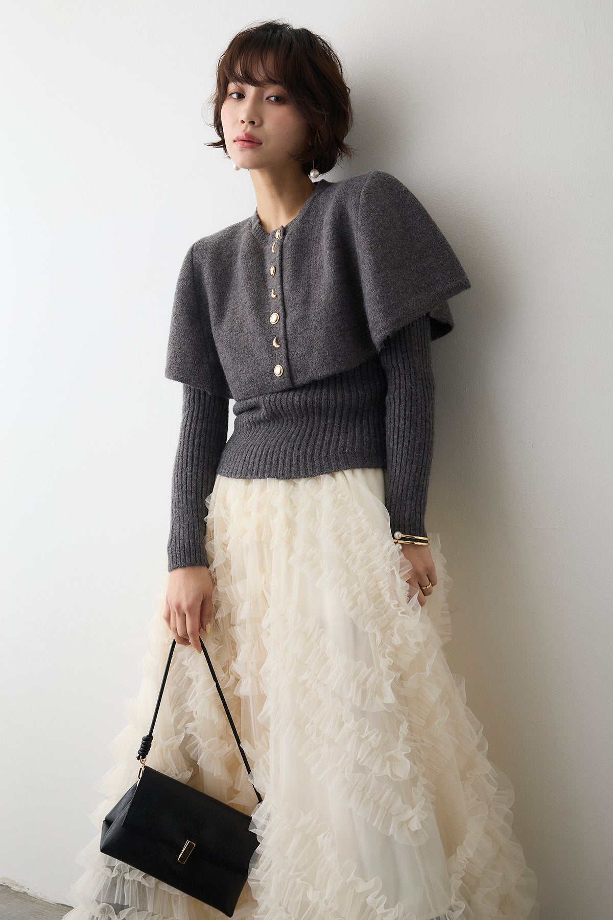 予約/SET]ミックス釦ケープ2wayニット+スフレアシメチュールスカート