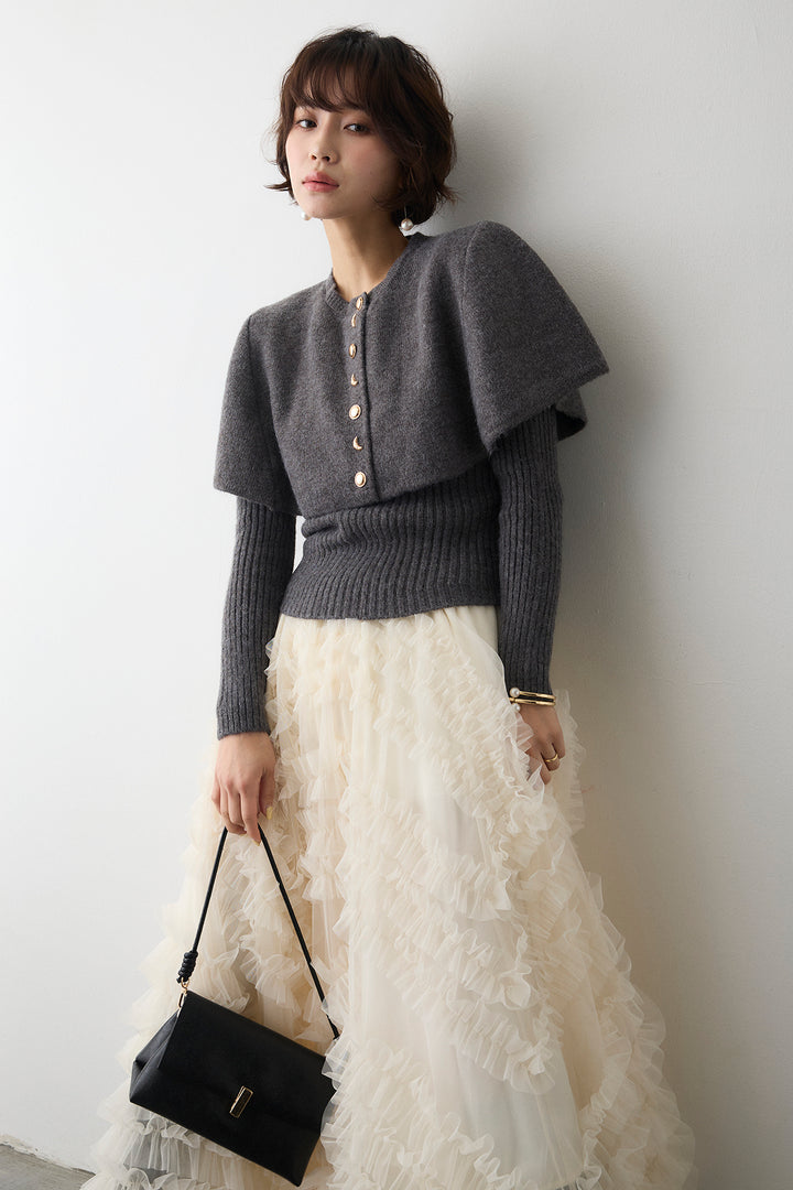 [予約/SET]ミックス釦ケープ2wayニット+スフレアシメチュールスカート(2set)
