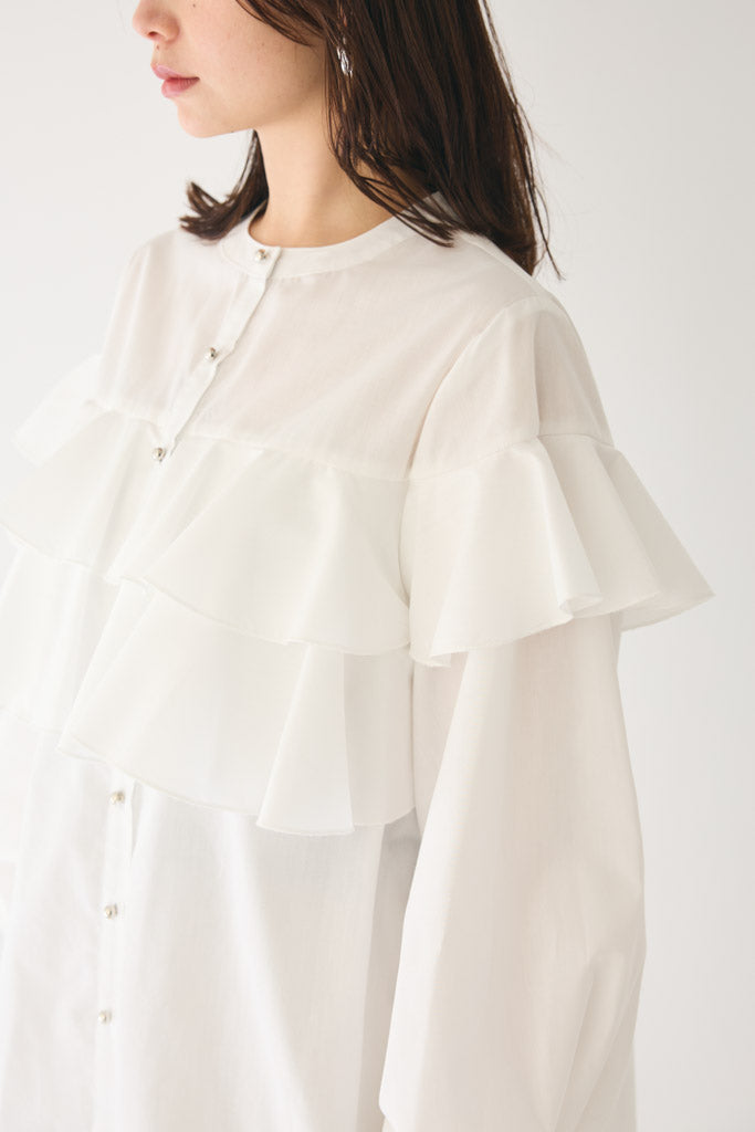 予約]ダブルフリルメタリックボタンブラウス – Frene