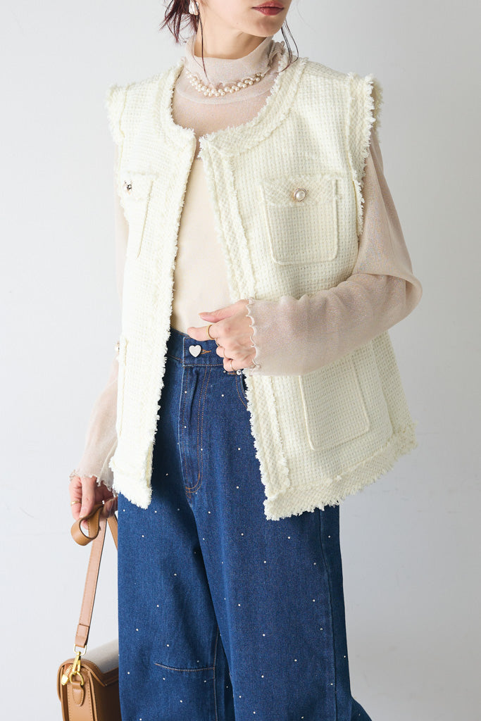 予約]ゴールドボタンツイードフリンジジレ – Frene