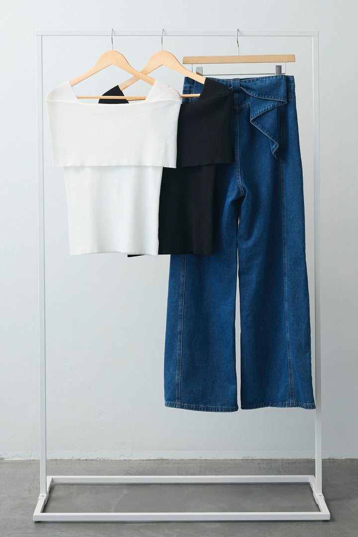 [予約/SET]ショルダーリブオフショルニット+ショルダーリブオフショルニット+バックリボンデザインデニムパンツ(3set)