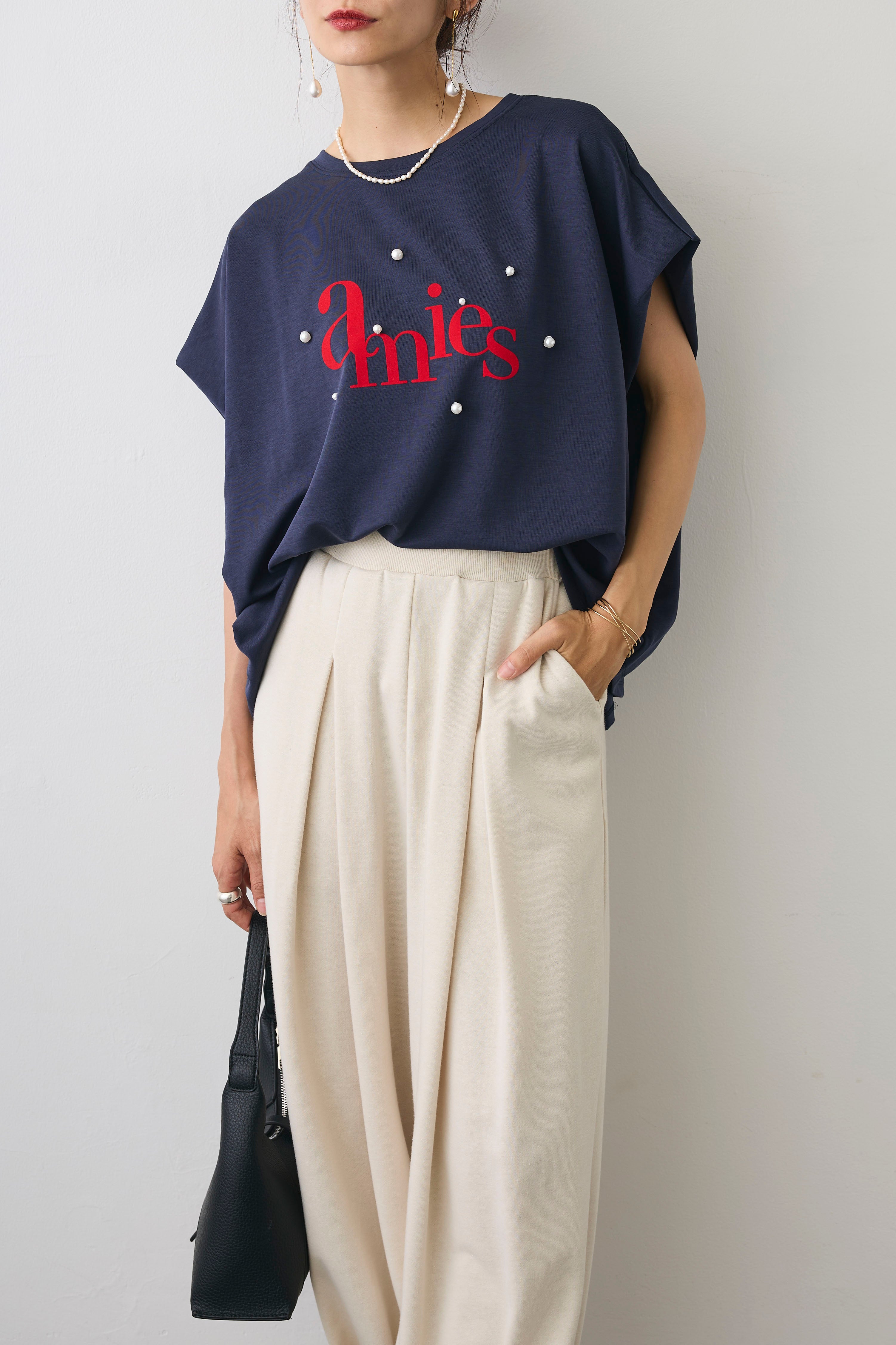 裏毛カットソーパールスリーブトップス　ブラックfrene フラーネ ソフト裏毛プルオーバー（Tシャツ／カットソー）｜VERMEIL par