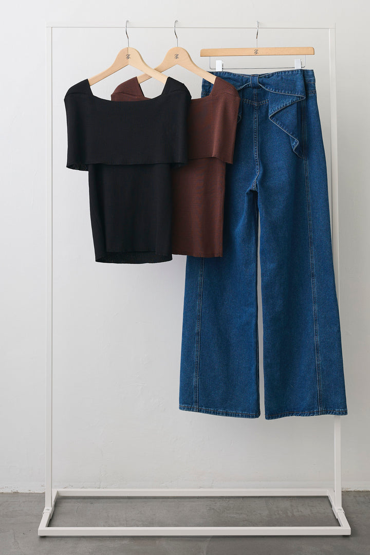 [予約/SET]ショルダーリブオフショルニット+ショルダーリブオフショルニット+バックリボンデザインデニムパンツ(3set)