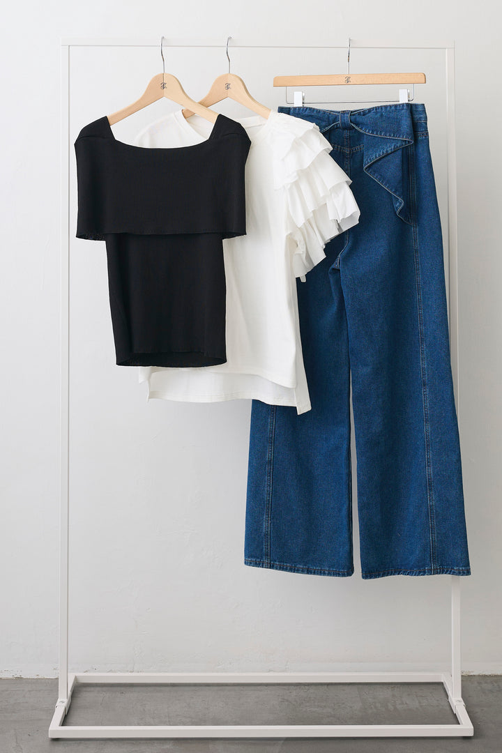 [予約/SET]ショルダーリブオフショルニット+アシメフリルティアードデザインTシャツ+バックリボンデザインデニムパンツ(3set)