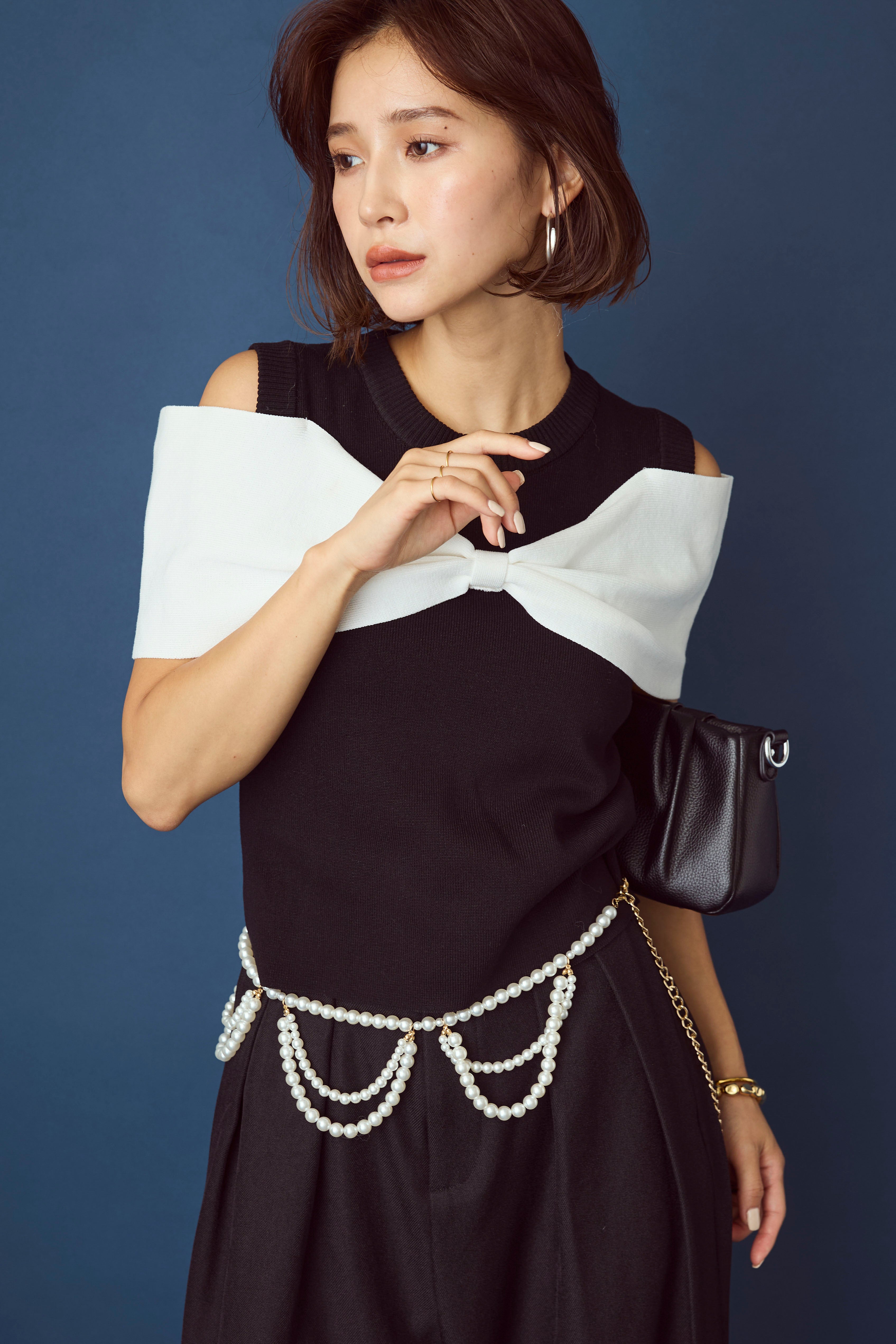 予約]配色リボンニットオープンショルダーニット – Frene