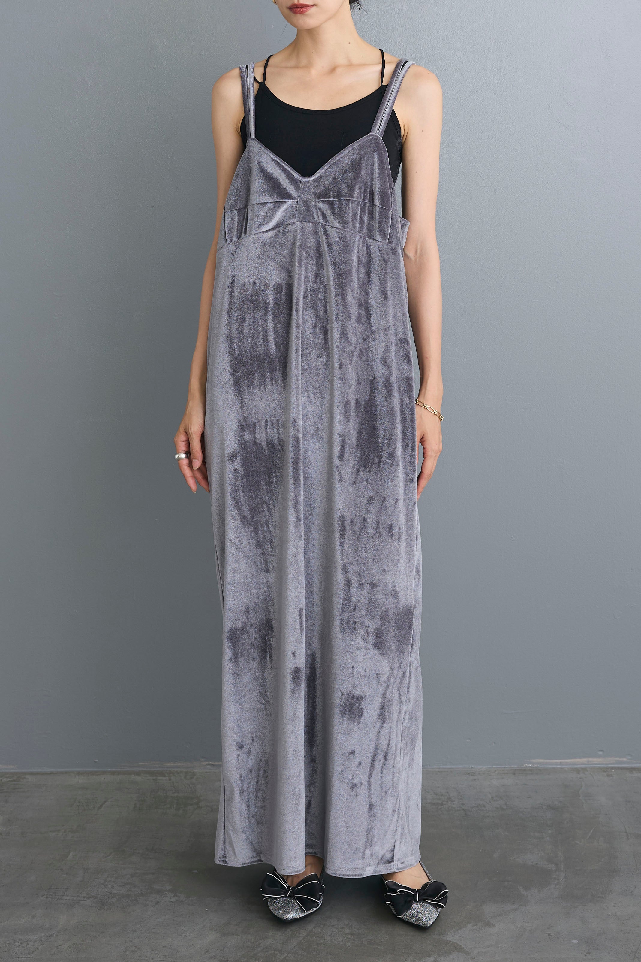 ベロアビスチェキャミワンピース ベロアワンピース ロング グレー
