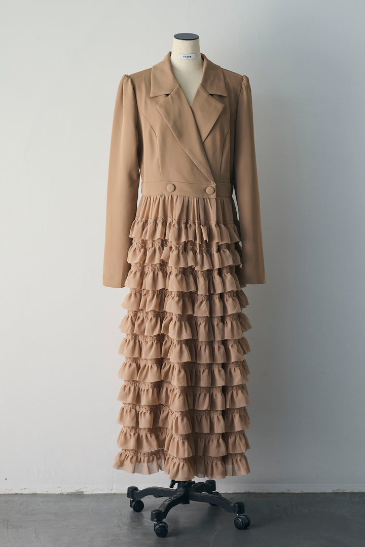 [予約/親子SET]ティアードチュールドッキングジャケットワンピース+[kids]フリルヘムチュールワンピ＋ジャケットセット(2set)