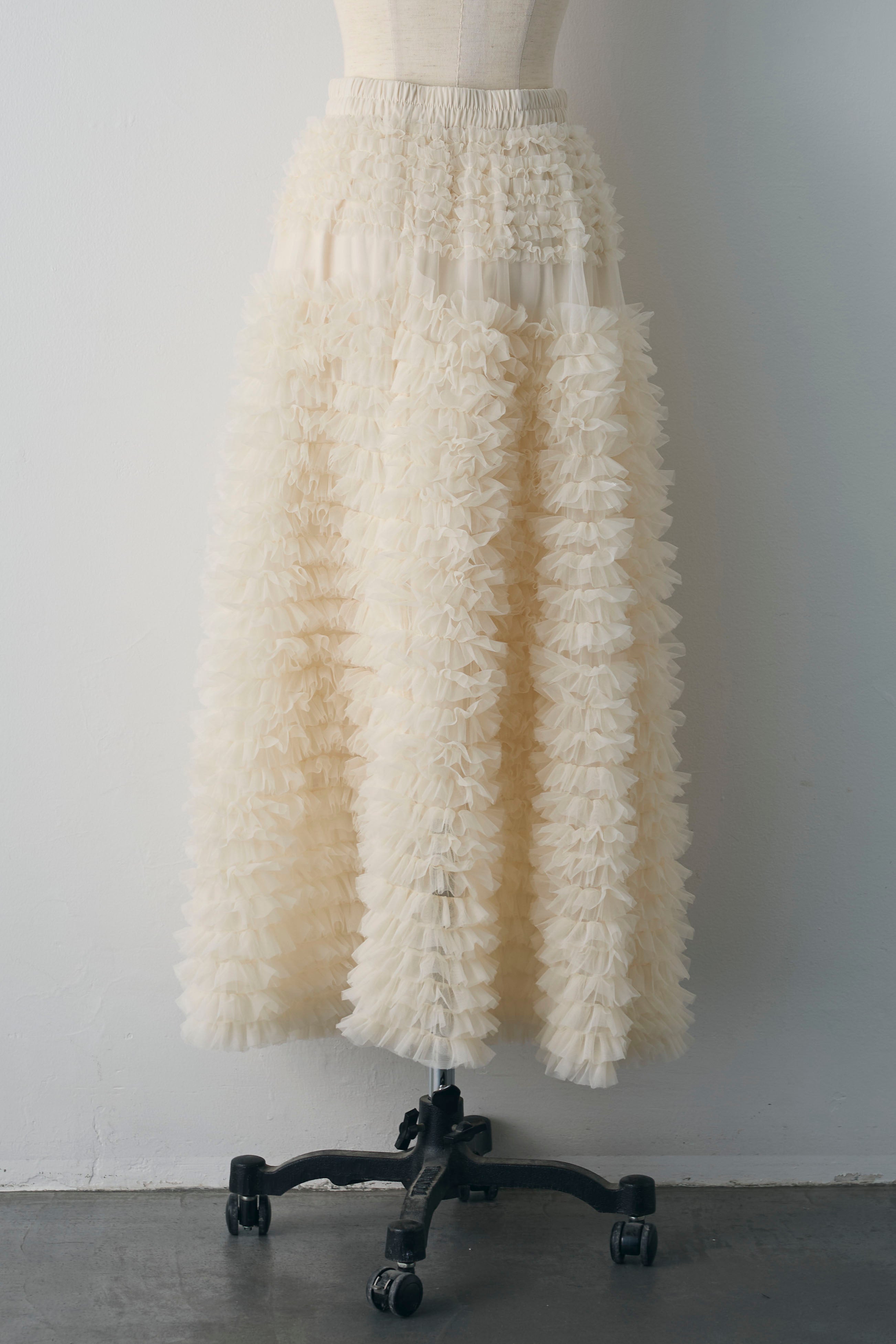 ホイップチュールティアードスカート　シロ　スフレアシメチュール　グレー ホイップチュールティアードスカート シロ スフレアシメチュール グレー