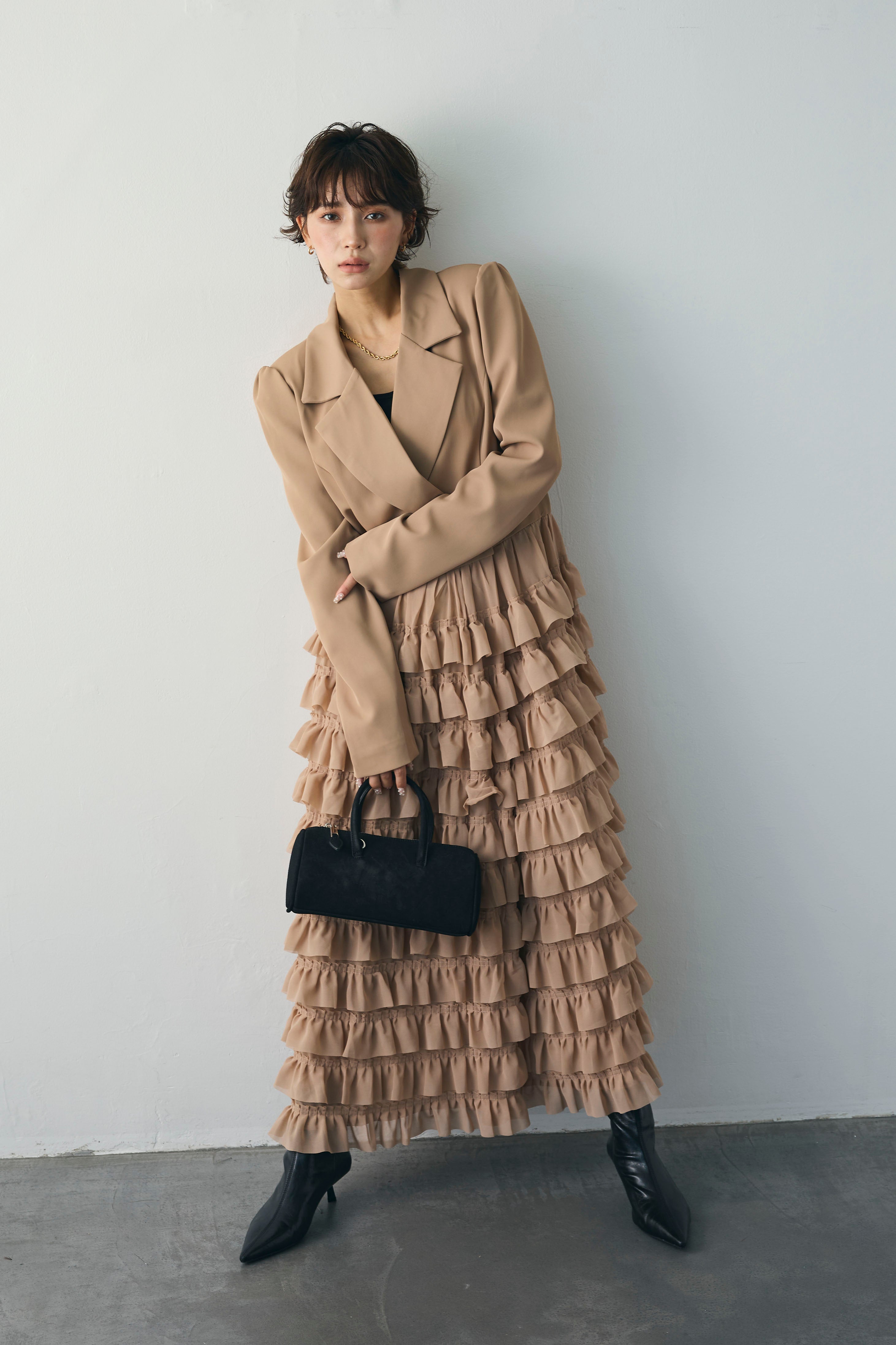 【美品！早いもの勝ち】新品・frene・ティアードチュールドッキングワンピース 予約]ティアードチュールドッキングジャケットワンピース – Frene