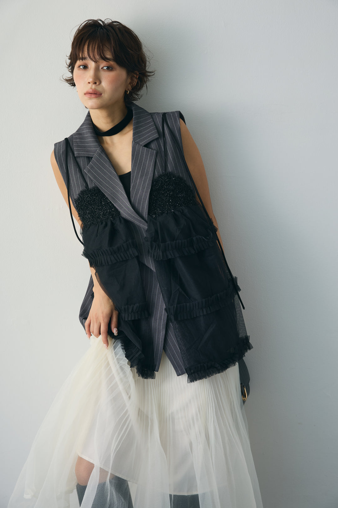 [予約]チュールミックスデザインストライプジレ