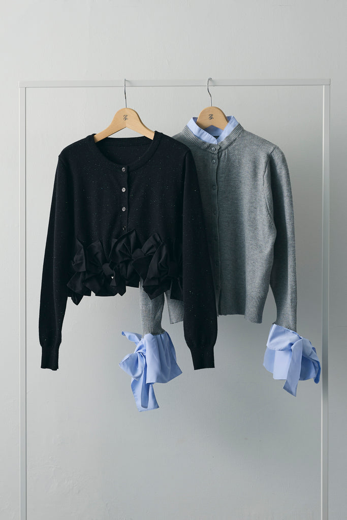 予約/SET]ヘムリボンデザインショートカーデ+BIGリボンカフスデザイン