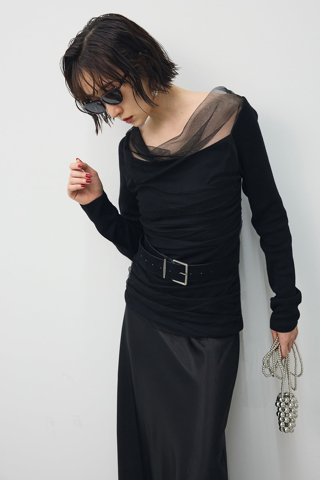 [予約/SET]ベルトSETチュールシャーリングトップス+シャイニーサテン美ラインセミフレアスカート(2set)