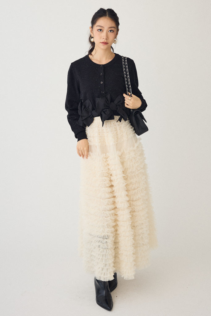 [予約/SET]ヘムリボンデザインショートカーデ+ホイップチュールティアードスカート(2set)