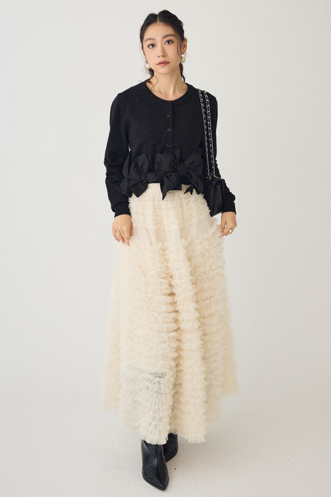 [予約/SET]ヘムリボンデザインショートカーデ+ホイップチュールティアードスカート(2set)