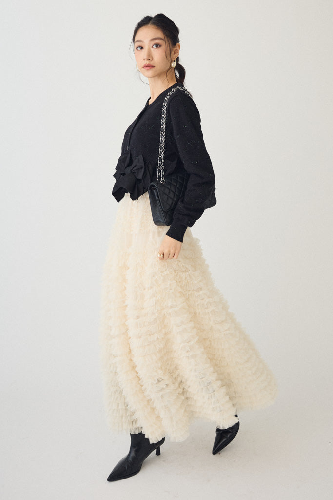 [予約/SET]ヘムリボンデザインショートカーデ+ホイップチュールティアードスカート(2set)