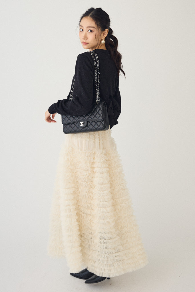 [予約/SET]ヘムリボンデザインショートカーデ+ホイップチュールティアードスカート(2set)