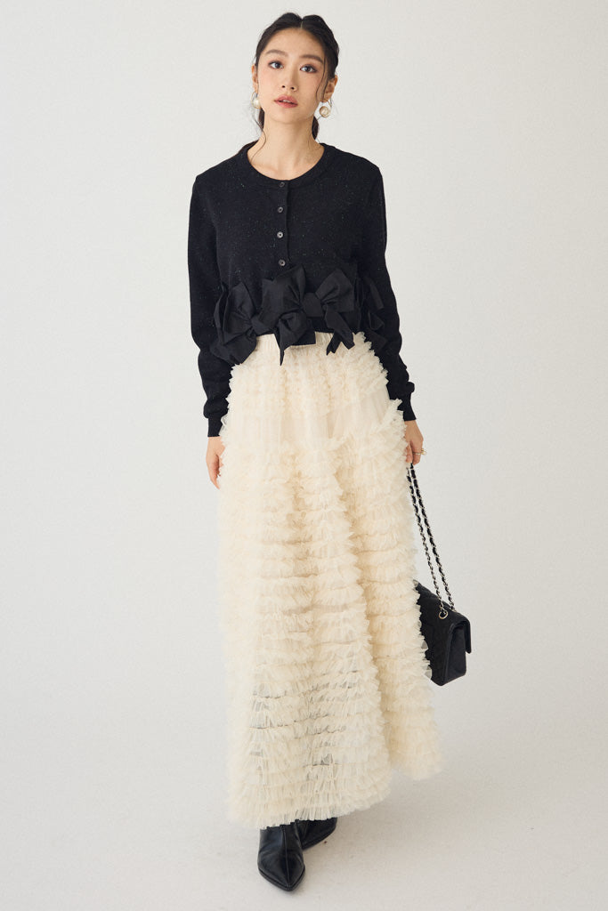 [予約/SET]ヘムリボンデザインショートカーデ+ホイップチュールティアードスカート(2set)