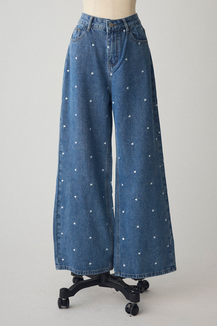 [予約]ハート刺繍ハイウエストデニムパンツ