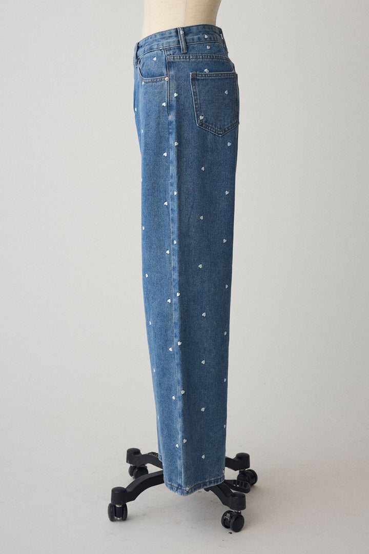 [予約]ハート刺繍ハイウエストデニムパンツ