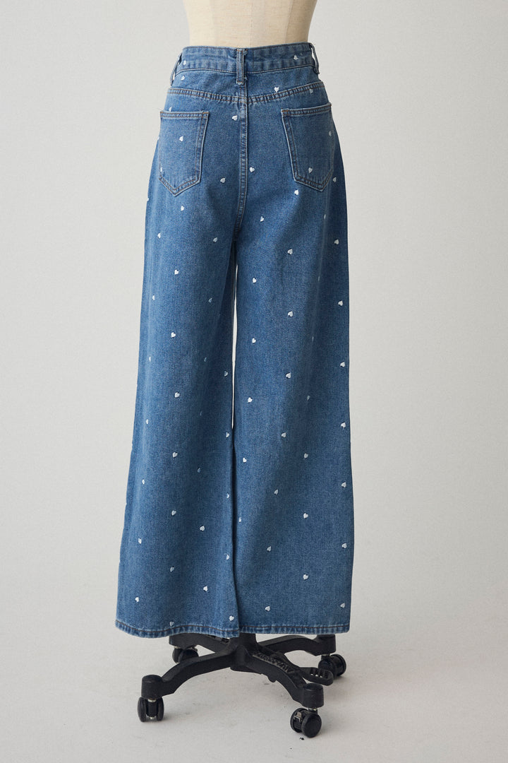 [予約]ハート刺繍ハイウエストデニムパンツ