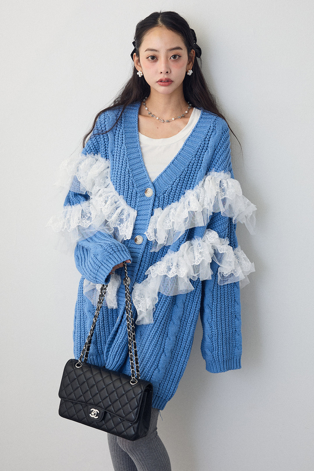 [予約]ラッフルレースドッキングニットBIGカーデ