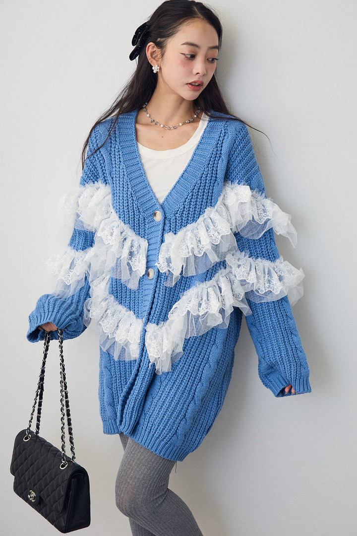 [予約]ラッフルレースドッキングニットBIGカーデ