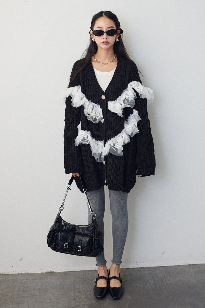 [予約]ラッフルレースドッキングニットBIGカーデ