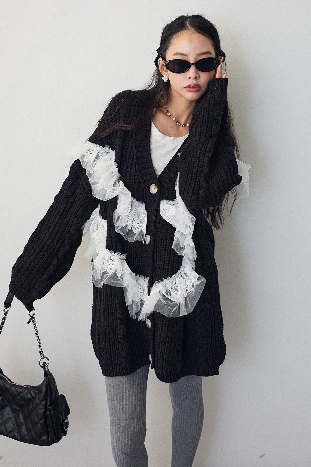 [予約]ラッフルレースドッキングニットBIGカーデ
