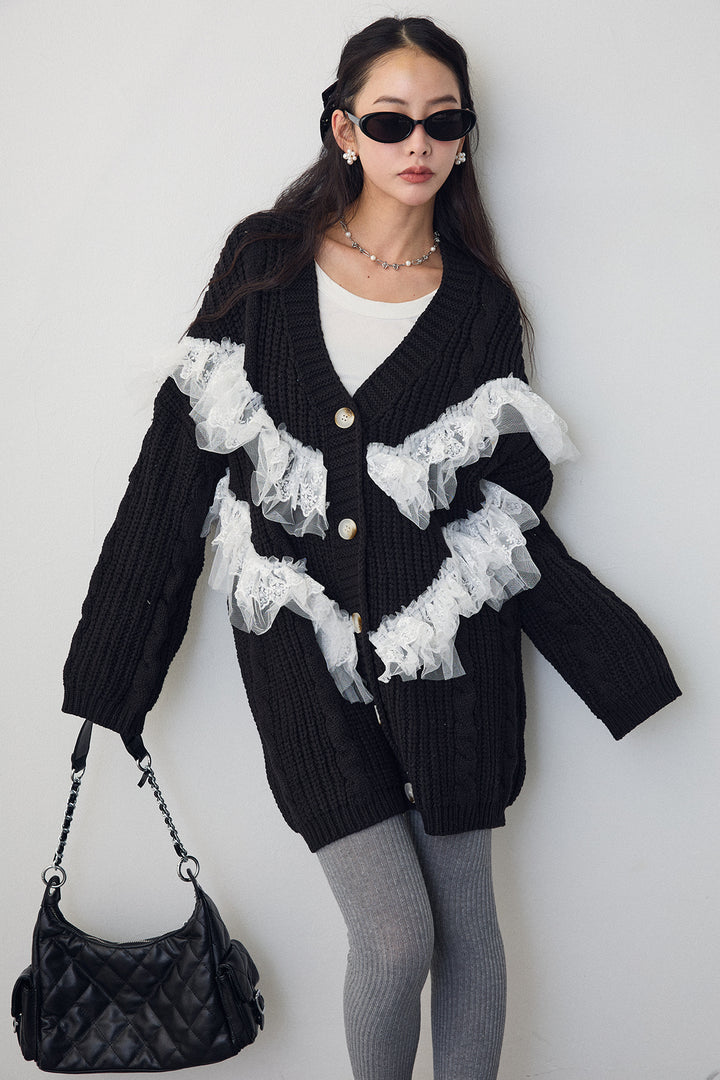 [予約]ラッフルレースドッキングニットBIGカーデ