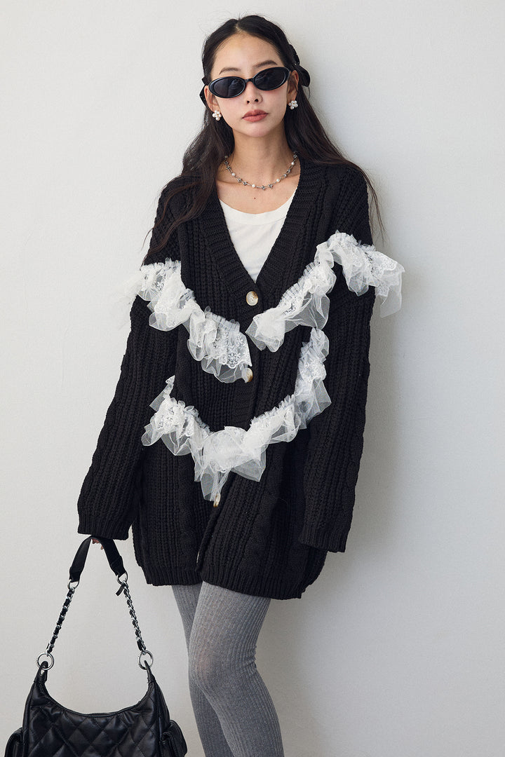 [予約]ラッフルレースドッキングニットBIGカーデ