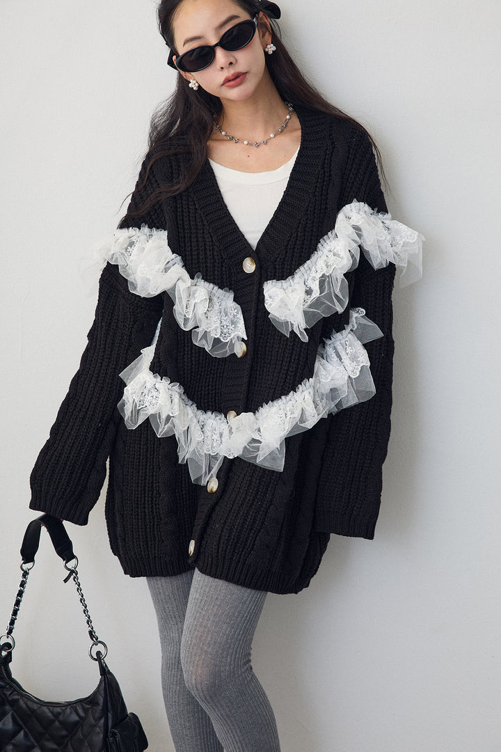[予約]ラッフルレースドッキングニットBIGカーデ