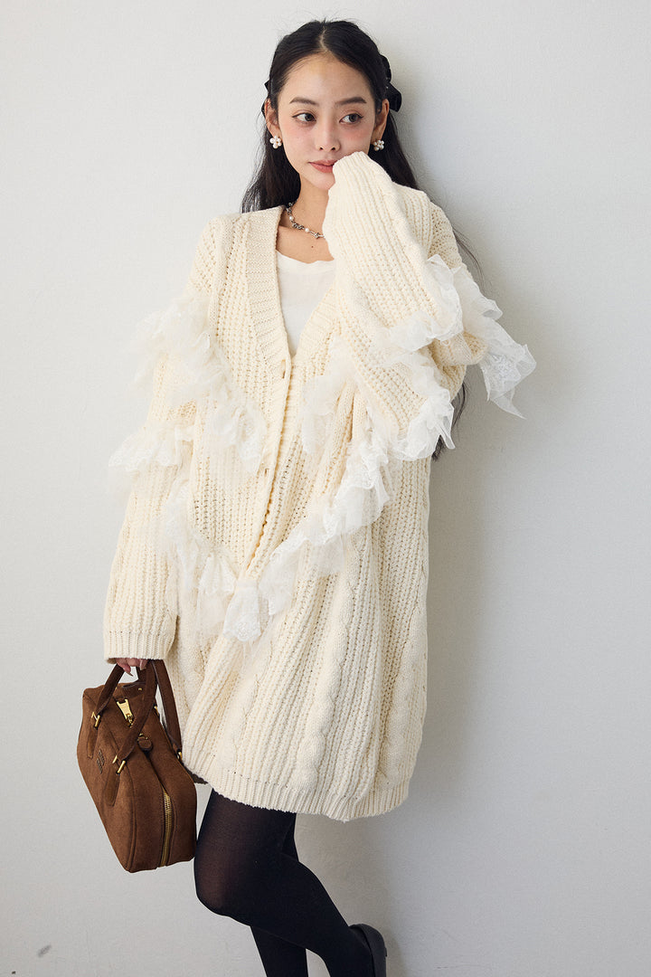 [予約]ラッフルレースドッキングニットBIGカーデ