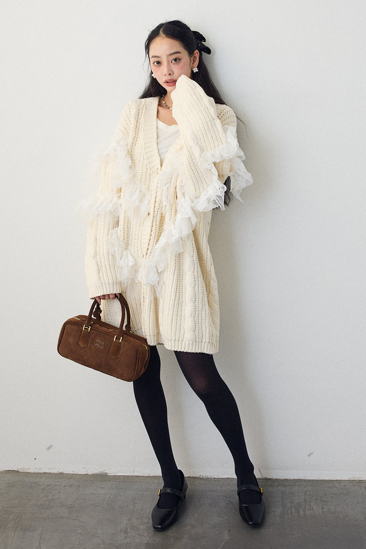 [予約]ラッフルレースドッキングニットBIGカーデ