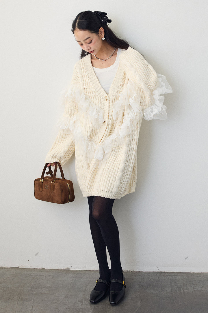 [予約]ラッフルレースドッキングニットBIGカーデ