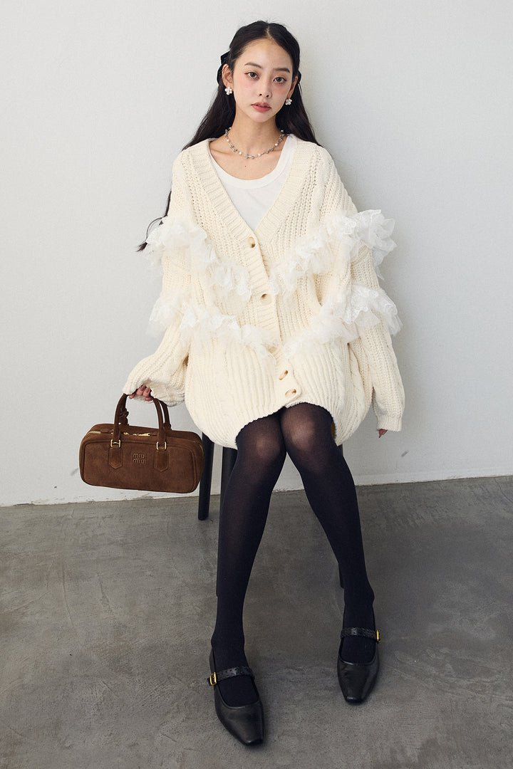 [予約]ラッフルレースドッキングニットBIGカーデ