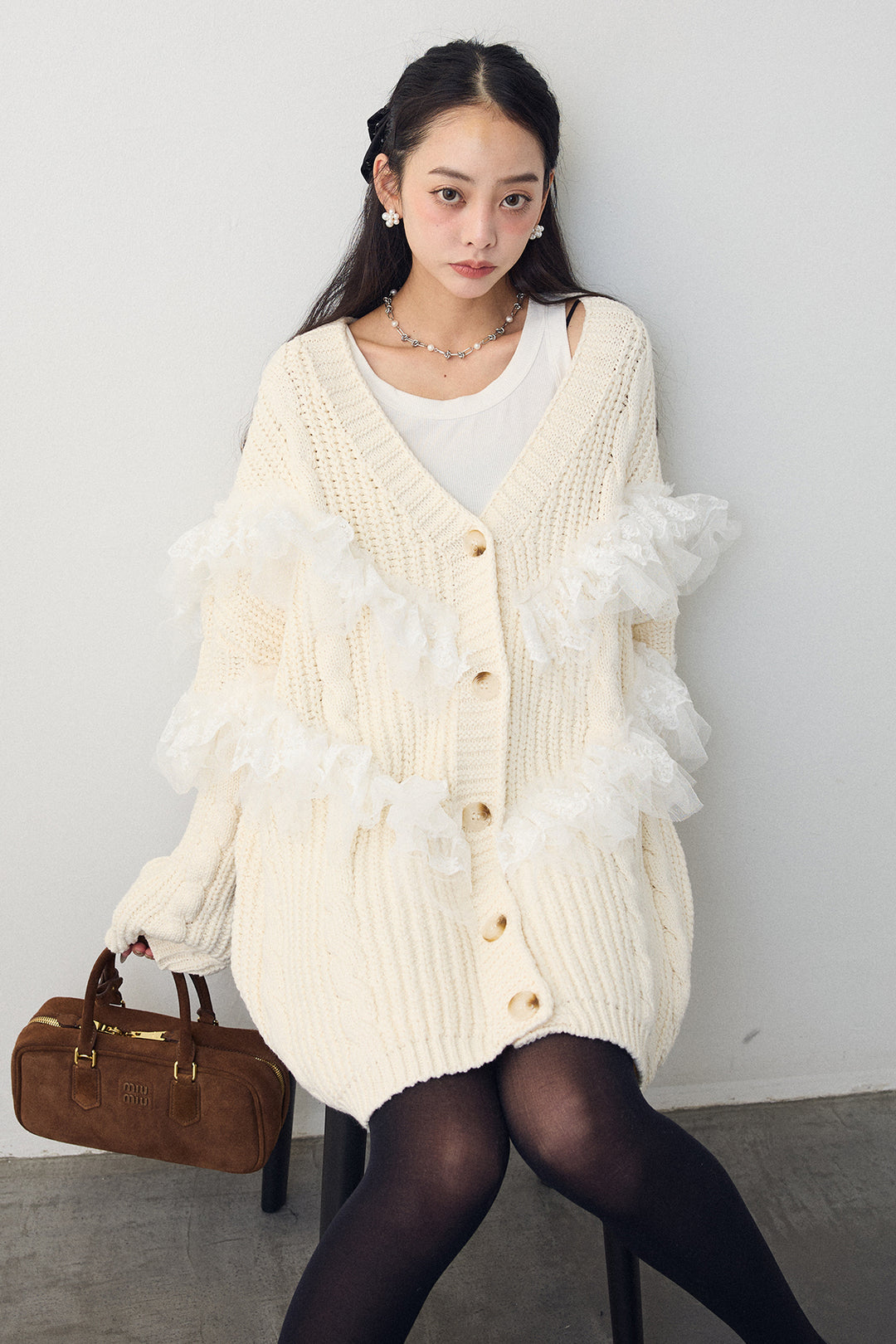 [予約]ラッフルレースドッキングニットBIGカーデ