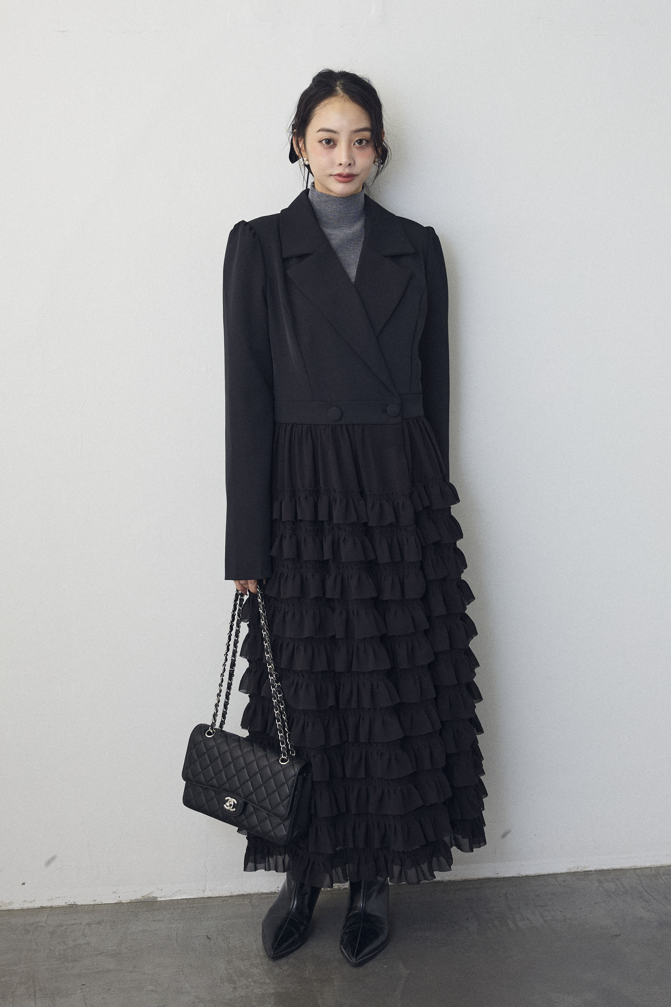 【美品！早いもの勝ち】新品・frene・ティアードチュールドッキングワンピース 予約]ティアードチュールドッキングジャケットワンピース – Frene