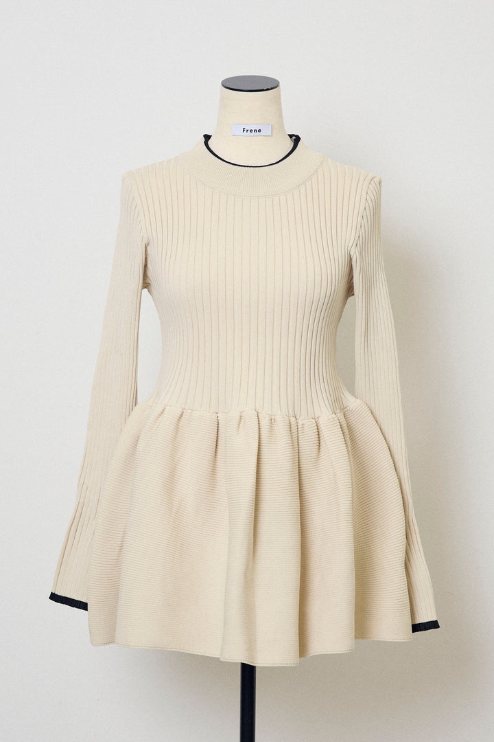 [予約]リブフレア配色スリーブペプラムニット