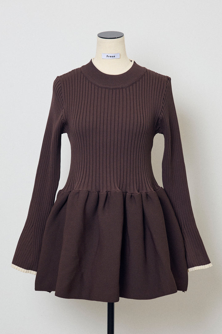 [予約]リブフレア配色スリーブペプラムニット