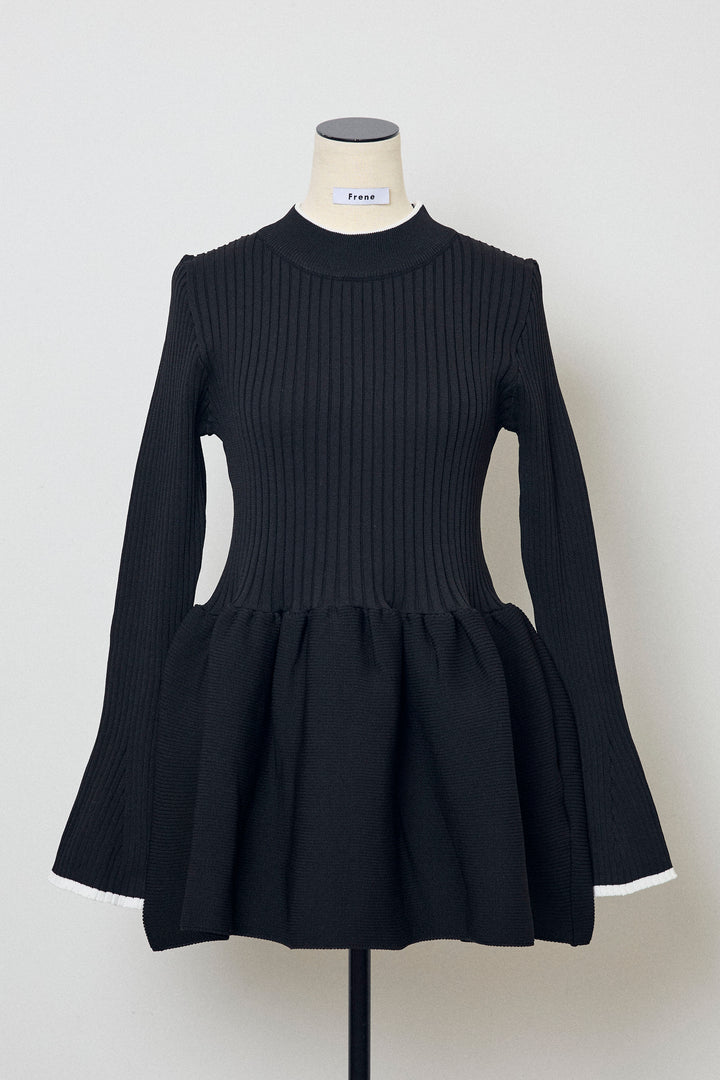 [予約]リブフレア配色スリーブペプラムニット