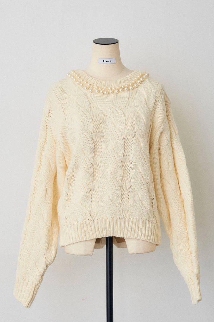 [予約]ネックパールケーブル編みニット