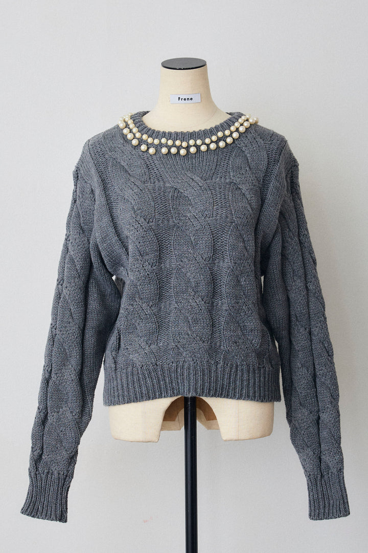 [予約]ネックパールケーブル編みニット